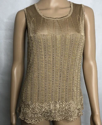 Camiseta sin mangas Anthropologie Odille para mujer M mediana beige con cuentas floral boho Navidad Foto 1 de 4
