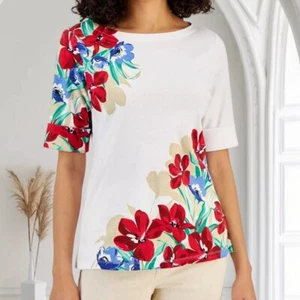 Karen Scott Damen S Weiß Mehrfarbig Blumengesteck Ellenbogenärmel Top - Bild 1 von 1