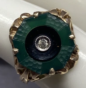 Vintage 10k Antique Green Black Onyx Diamond Accent Ring Art Deco Signed 6.25 - Picture 1 of 9