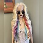 32? Long Wavy Daily Wig. Light Ash Blonde Rainbow Peekaboo Human Hair Blend