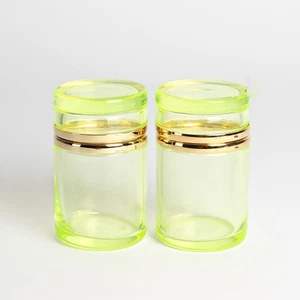 Französisches Glas Dosen Paar Klarglas Vaseline gold Metall rund vintage - Picture 1 of 4