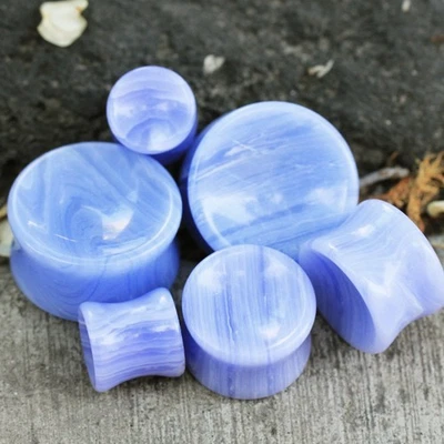 PAIR of Bluelace Agate Concave Stone Saddle Plug - Image 1 of 4