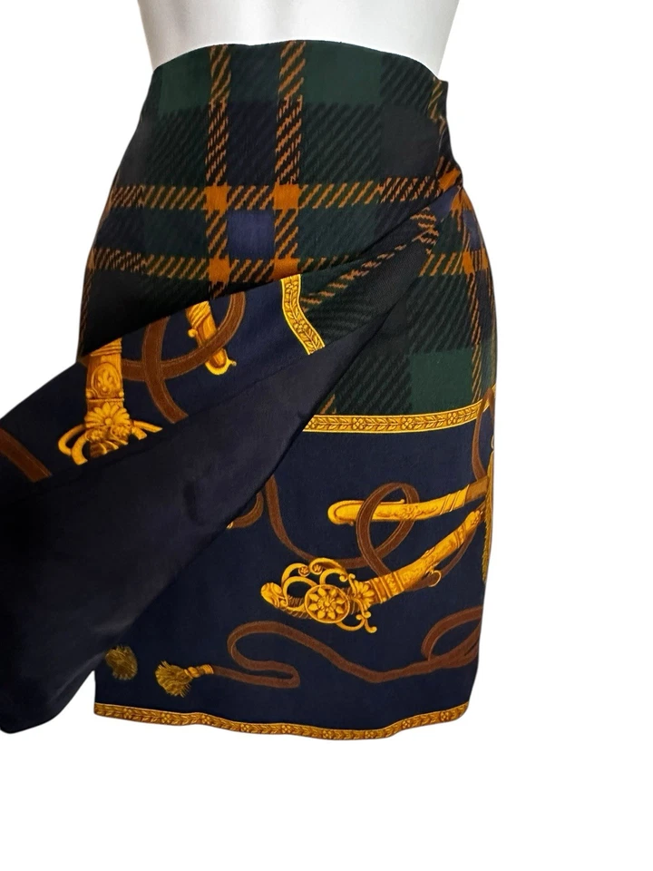 Falda de Colección Envoltura de Lana a Cuadros Estampado Ecuestre Bridas Correas Dorado Azul Marino Verde 8 Foto 1 de 4