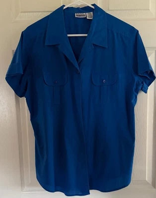 Basic Editions Women’s Short Sleeve Button Front Shirt Blue Size Large... - Image 1 of 4