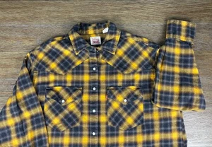 Vtg Levis Shirt Men’s M Yellow Plaid Western Pearl Snap Flannel Standard Fit - Picture 1 of 11