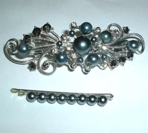 SCHWARZE PERLE RAUCHIG STRASS PERLEN SILBER HAARSPANGE UND PERLE BOBBY PIN - Bild 1 von 3