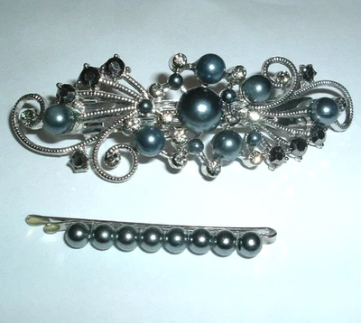 BLACK PEARL SMOKY RHINESTONE BEADED SILVER HAIR BARRETTE AND PEARL BOBBY PIN - Image 1 of 3