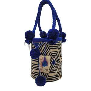 COLOMBIAN Handmade Large Wayuu Bag Bright Pom Pom Boho Mochila Tote Tribal Style - Picture 1 of 9
