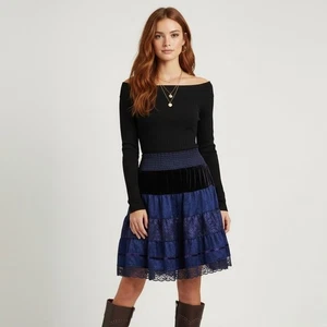 Vintage 90s Free People Blue Velvet Lace Tiered Skirt | Boho Whimsigoth Grunge Fairy - Bild 1 von 14