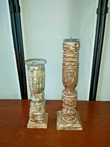 UN JUEGO DE DOS CANDELABROS DE MADERA RECICLADOS INDIOS ESTILO VINTAGE - Imagen 1 de 14