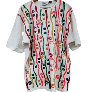 Vintage Colorful Blouse Womens Size XL White 90s Sequins Neon Geometric Rainbow - Picture 1 of 9