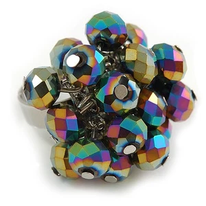 Peacock Glass Bead Cluster Ring in Silver Tone Metal - Adjustable 7/8 - Picture 1 of 6