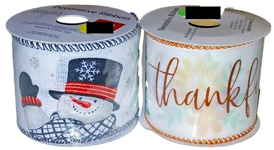 LOT OF 2 ROLLS OF HOLIDAY THEMED CRAFT RIBBON SNOWMAN AND THANKFUL 2.5" x 9'FT - Image 1 of 4