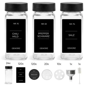 24x Gewürzgläser Schwarze Deckel mit vorgedruckten Etiketten Vorratsgläser 120ml - Bild 1 von 4