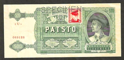 CZECHOSLOVAKIA 500 KORUN (ND 1945) ~ P54s ~ SPECIMEN ~ CHOICE AU/UNCIRCULATED - Image 1 of 2