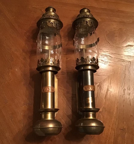 Antique Brass Rail Road Wall Sconce Candle Lights w/Glass Shades Pair VDP ? Cover