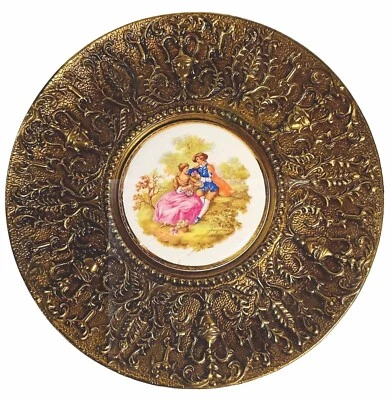 Limoges Fragonard Rococo Couple Porcelain Insert Ornate Brass Plaque - Image 1 of 4