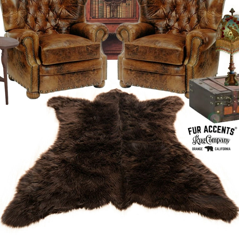 FUR ACCENTS Brown Bear Skin Rug - Plush Shag Faux Fur - Bonded Suede Lining - Made in USA