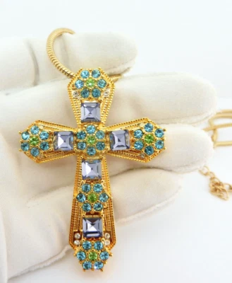 Collar Colgante Cruz Tono Dorado Grande con Estrás Vidrio Púrpura y Azul 32" Foto 1 de 4