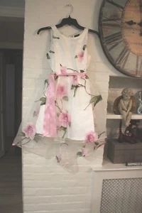 NWOT ZUNIE Girls Size12 FORAL White/Pink Chiffon Sleeveless Hi Low Dress  - Picture 1 of 7