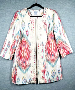 Chico's Soutache Trim Linen Ikat Duster Jacket Size 1 (US 8/10) Aztec Artsy EUC - Picture 1 of 14