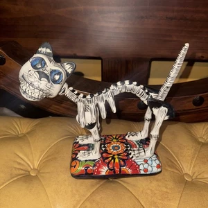 Talavera Mexican Day of the Dead Skeleton Figure Pottery Cat Folk Art 10” - Picture 1 of 4