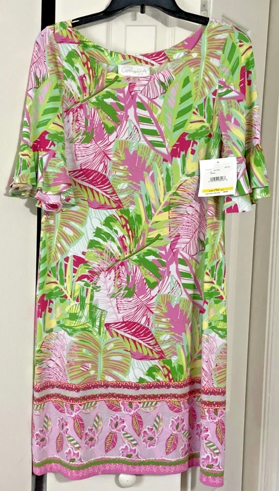 Pappagallo Shift Dress sz M Pink Green Tropical Oasis Palm Leaf Ruffle Sleeves