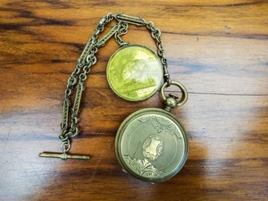 Rare Antique Pocket Watch w Albert Chain Aluminum Rolled Gold 1880s Temperance - Picture 1 of 12