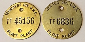 VINTAGE TERNSTEDT G.M.C. GENERAL MOTORS FLINT MI. PLANT BRASS ADVERTISING TAG - Picture 1 of 5