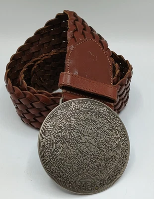 AMERICAN EAGLE Brown Woven Genuine Leather Belt Etched Silver Round Buckle LG XL - Image 1 of 4
