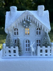 Raz Imports 6.5" Lighted White Snowy Putz House Bottlebrush Trees Deer NEW - Bild 1 von 2