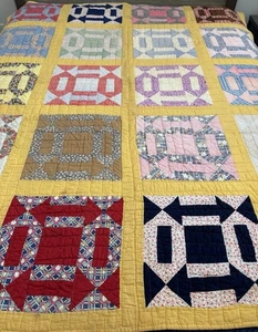 1940er Handarbeit Mohawk Trail Quilt 80x65 makellos Unikat gelb bunt - Bild 1 von 9
