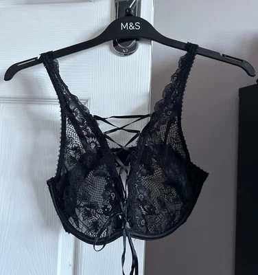 Ann Summers Black Lace Up Front Underwired Bralette Size 12 Good Condition - Image 1 of 3