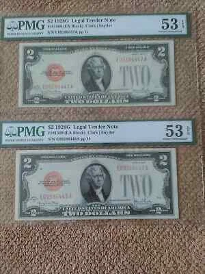 RARE 1928 SERIES G $2 TWO DOLLAR CONSECUTIVE PAIR BANKNOTES, AU, PMG 53 EPQ - Image 1 of 4