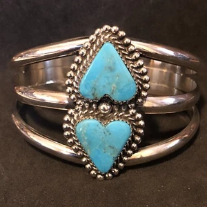 Brazalete Doble Corazón Turquesa Grande Kingman Plata Esterlina Avin Joe 216 - Imagen 1 de 5