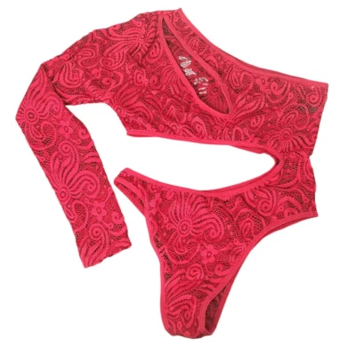 Frederick's of Hollywood 红色透明蕾丝紧身衣裤 XL 码全新带标签红色紧身衣 — 第 1/4 张图片