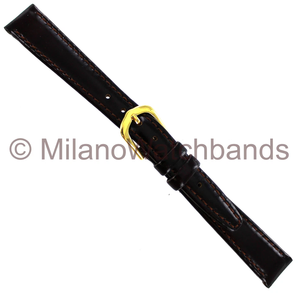 Hadley Roma Watch Band 13mm Glossy Leather Stitched Brown