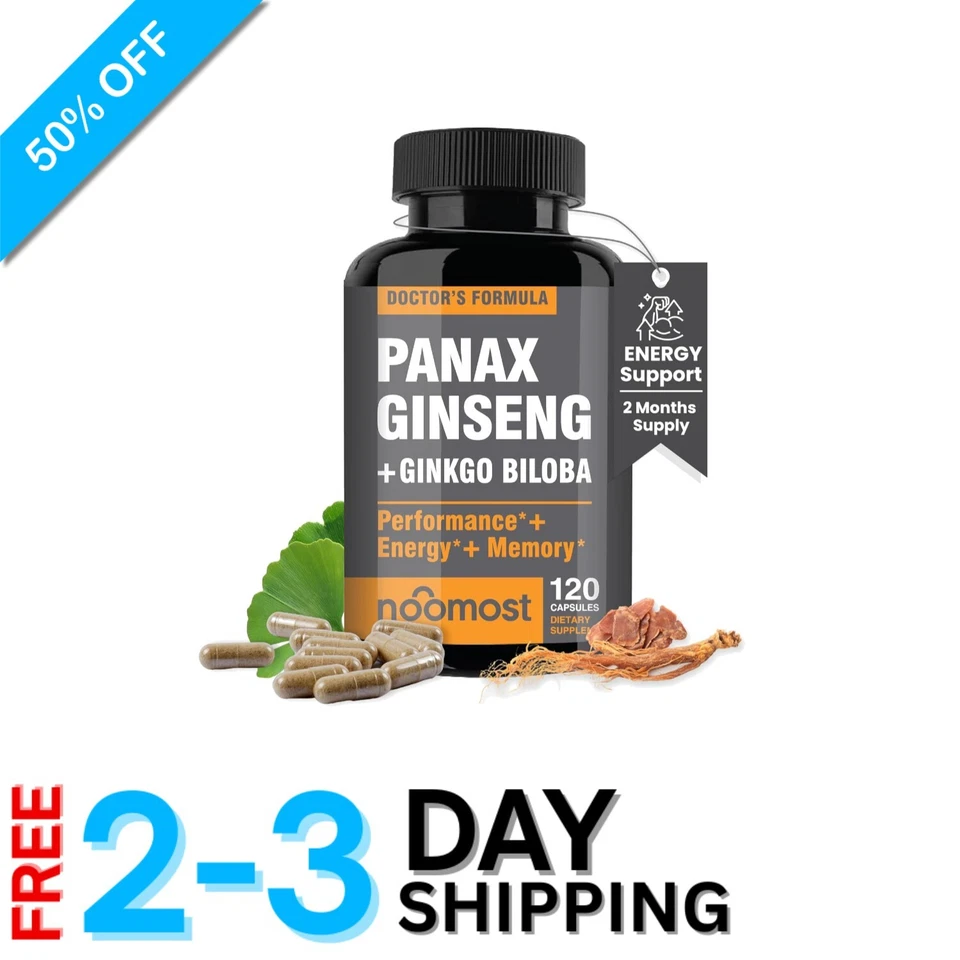 Píldoras de energía y enfoque de ginseng + ginkgo coreano - 120 cápsulas de vitalidad Foto 1 de 4
