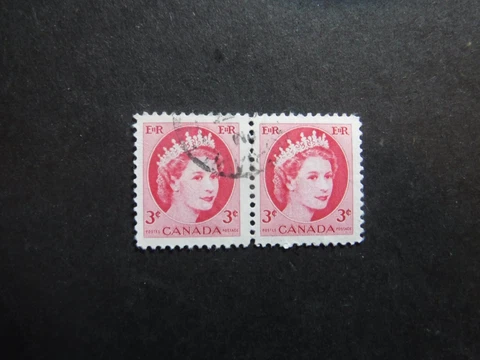 Canada One Pair Used Stamps 3 cent Scott #339 Carmine Queen Elizabeth II Cover