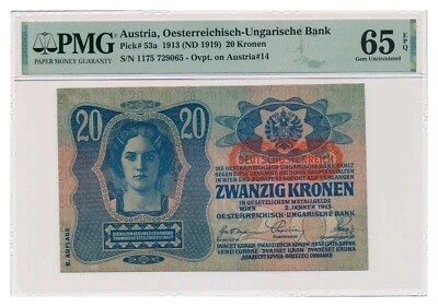 AUSTRIA banknote 20 Kronen 1919 PMG MS 65 EPQ Gem Uncirculated - Image 1 of 4