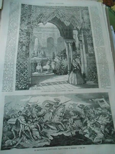 Gravure 1862 - La cour des Lions à l'Alhambra et la bataille de Doffingen - Imagen 1 de 1