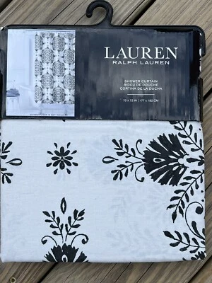 RALPH LAUREN Black Medallion Flower SHOWER CURTAIN 100% Cotton Fabric New - Image 1 of 4