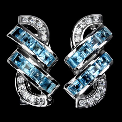 925 Sterling Silver Square Swiss Blue Topaz 3mm Simulated Cz Earrings - Image 1 of 4