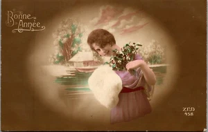 Vintage French France RPPC Postcard Woman with Hand Muff Bonne Annee  New Year - Picture 1 of 3