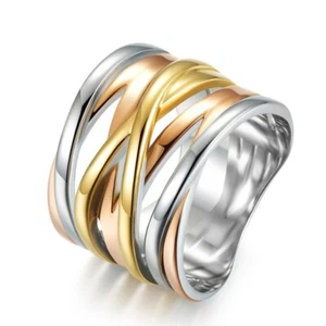 Women's Wedding Party Gold Silver Rose Gold Stainless Steel 15mm Ring Size 6-10 - Picture 1 of 14