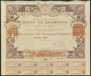Spain: Compania Franco-Espanola Minas de Baamonde, 500 peseta share, Lugo 1903 - Picture 1 of 1