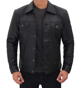 Men's Genuine Sheepskin Black Trucker Leather Shirt Jean Style Leather Jacket - Picture 1 of 5