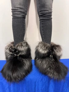 Silver-Black Fox Fur Boots Double Sided Fur Indoor and Outdoor 10" (26cm) Height - Picture 1 of 11