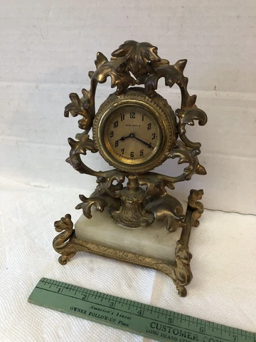 Best Antique New Haven Art Nouveau Desk Clock Gilt Metal & Marble Dragon Serpent Cover