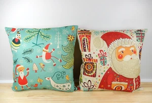 2 Christmas Throw Pillow Covers Retro Decor Santa Burlap Canvas Square 17.5" - Picture 1 of 11